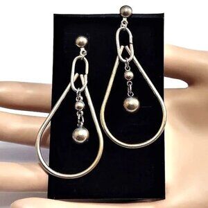 2 1/2" Teardrop Bead Hoop Pierced Post Earrings Vintage Aged Gold Tone